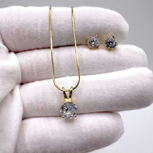 Yellow Gold Plated Round Cz .925 Sterling Silver Necklace & Earring Set